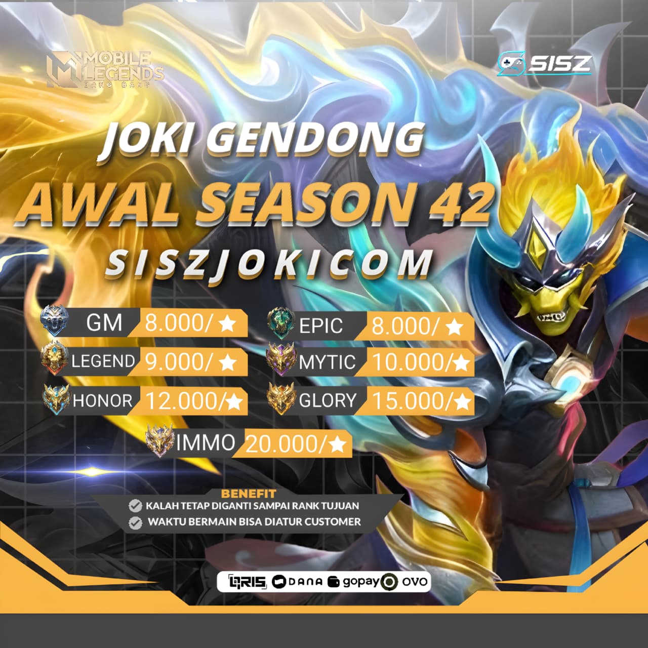 Poster Joki Gendong Awal Season 42: Grandmaster dan Epic Rp8.000, Legend Rp9.000, Mythic Rp10.000, Honor Rp12.000, Glory Rp15.000, Immortal Rp20.000 per bintang.