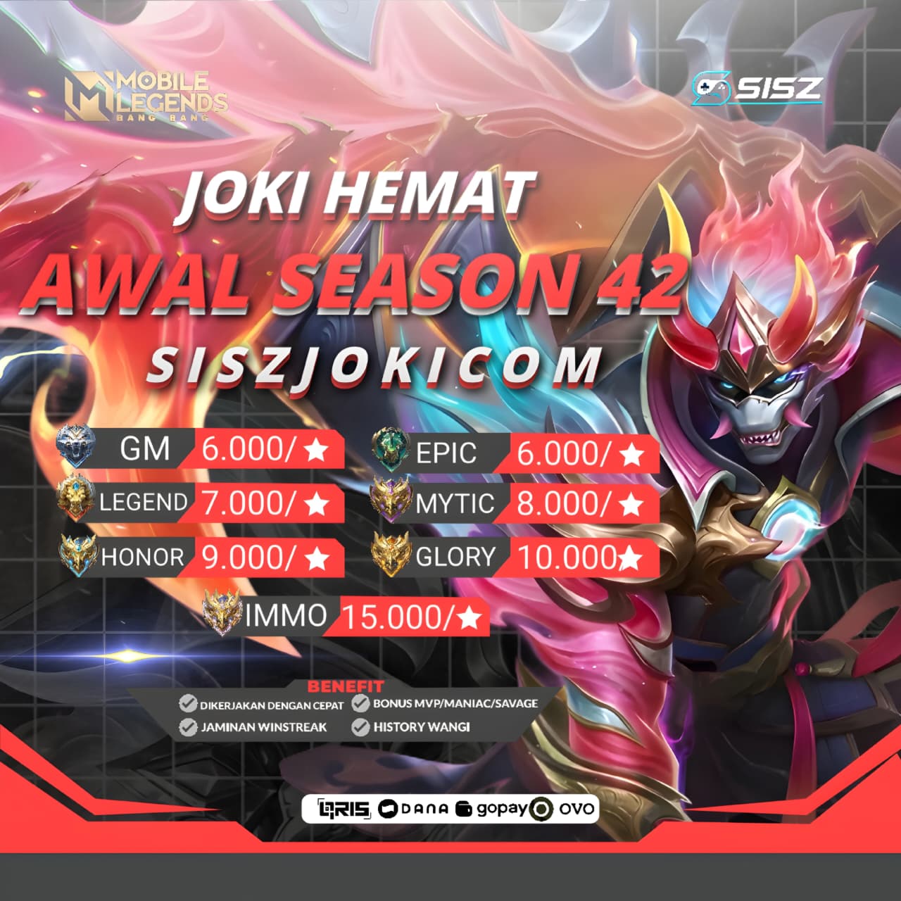 Poster Joki Hemat Awal Season 42: Grandmaster dan Epic Rp6.000, Legend Rp7.000, Mythic Rp8.000, Honor Rp9.000, Glory Rp10.000, Immortal Rp15.000 per bintang.